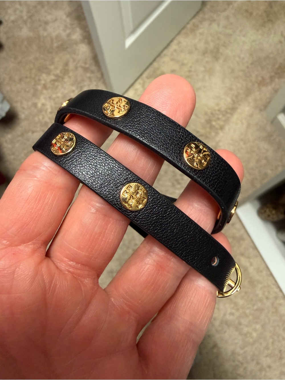 Black Tory Burch Leather Double-Wrap Bracelet with Gold Medallions